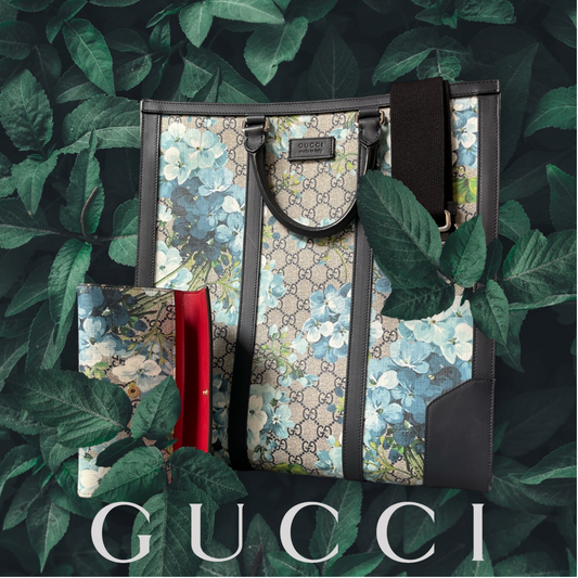 Gucci GG Monogram Blue Bloom Canvas Tote with Leather Trim and Crossbody Strap
