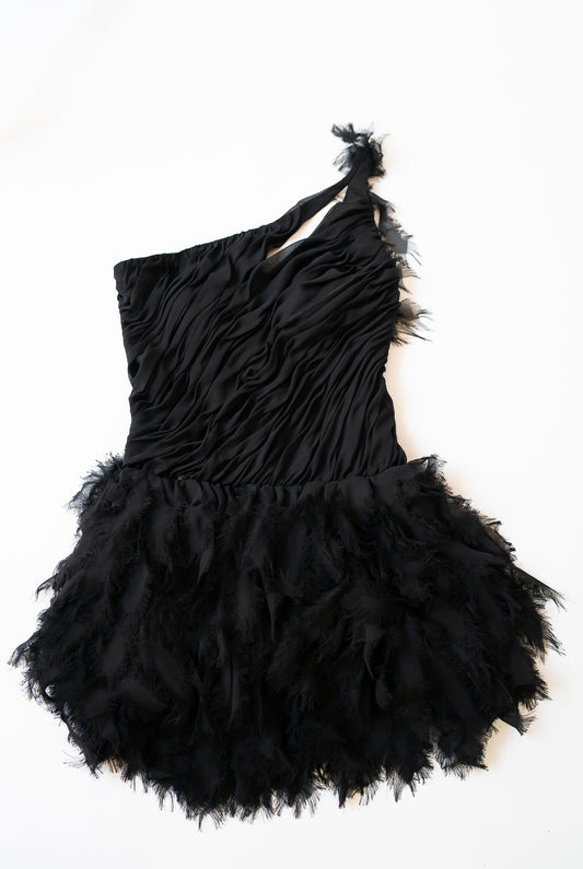 Bebe One Shoulder Black Roughed Feathered Mini Dress Size S
