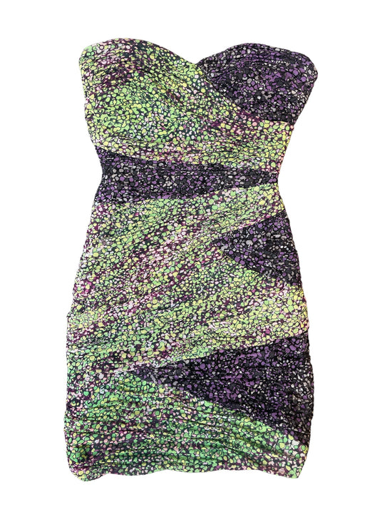 BCBG Maxazria Green And Purple Graphic Strapess Mini Cocktail Dress Size 2
