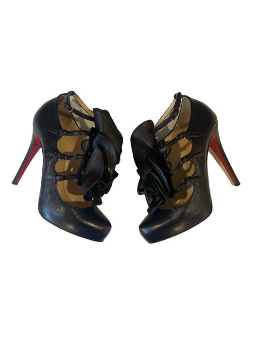 Christian Louboutin Troca 140 Patent Fluo Black Leather 'Rose Paris' Multi Strap High Heels - Size 39.5 (Heel: 7")