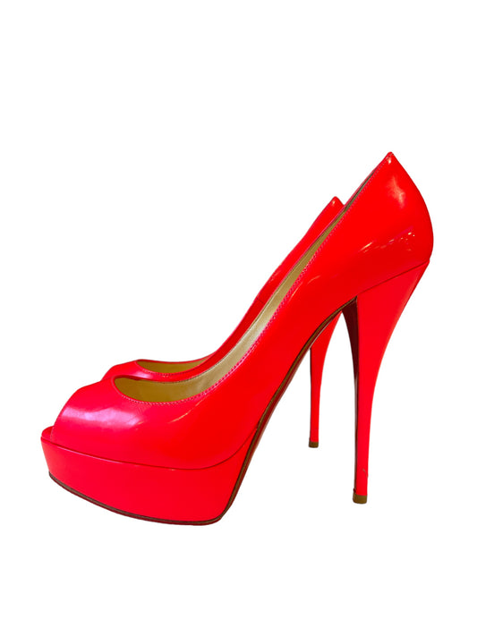Christian Louboutin Patent Leather Hot Coral High Heels - Size 39.5 (Heel: 7")