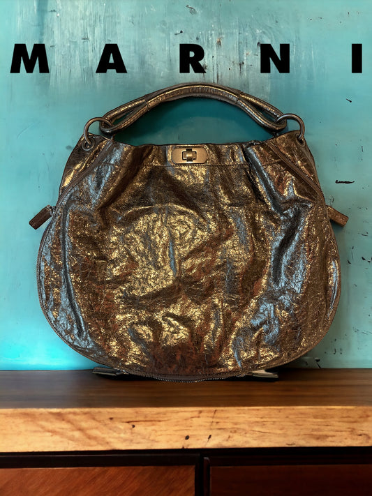 MARNI Metallic Gold Shoulder Bag with Extendable Zipper & Closure Details