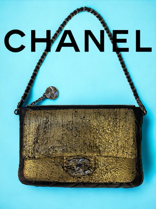 Chanel Lambskin Mineral Nights Wristlet Black and Gold Textile Handbag
